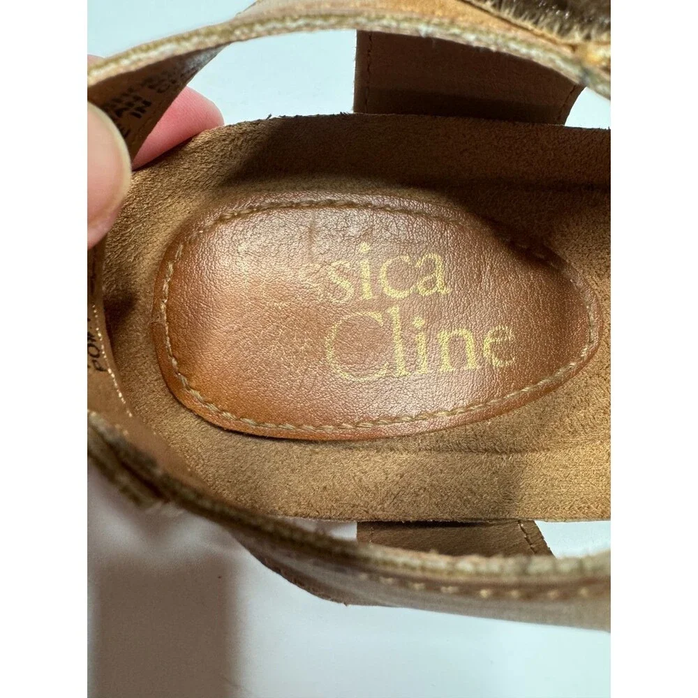 Jessica Cline Size 7M Brooke Wedge Sandals Tan Braided Strappy Crisscross Ankle